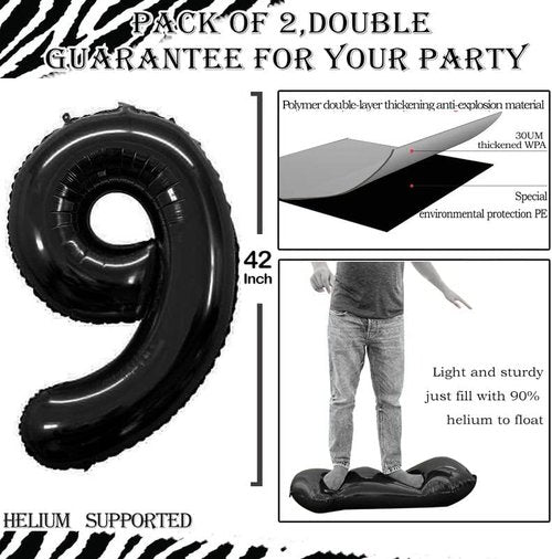 GOER Black Foil Number Balloons - Huge 9th Birthday Party Decorations | 3 Pack (42", 32", 16")