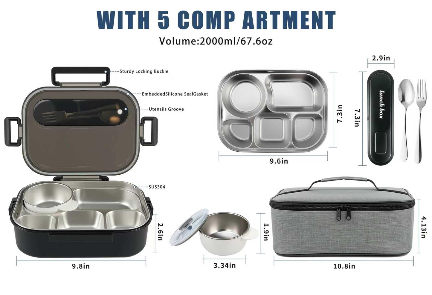 Bento Lunch Box with 8oz Soup Thermo,5-Compartment Leak-Proof Container, Thermo Hot Food Jar and Insulated Lunch Bag with Utensil,Microwave & Dishwasher & Freezer Safe
