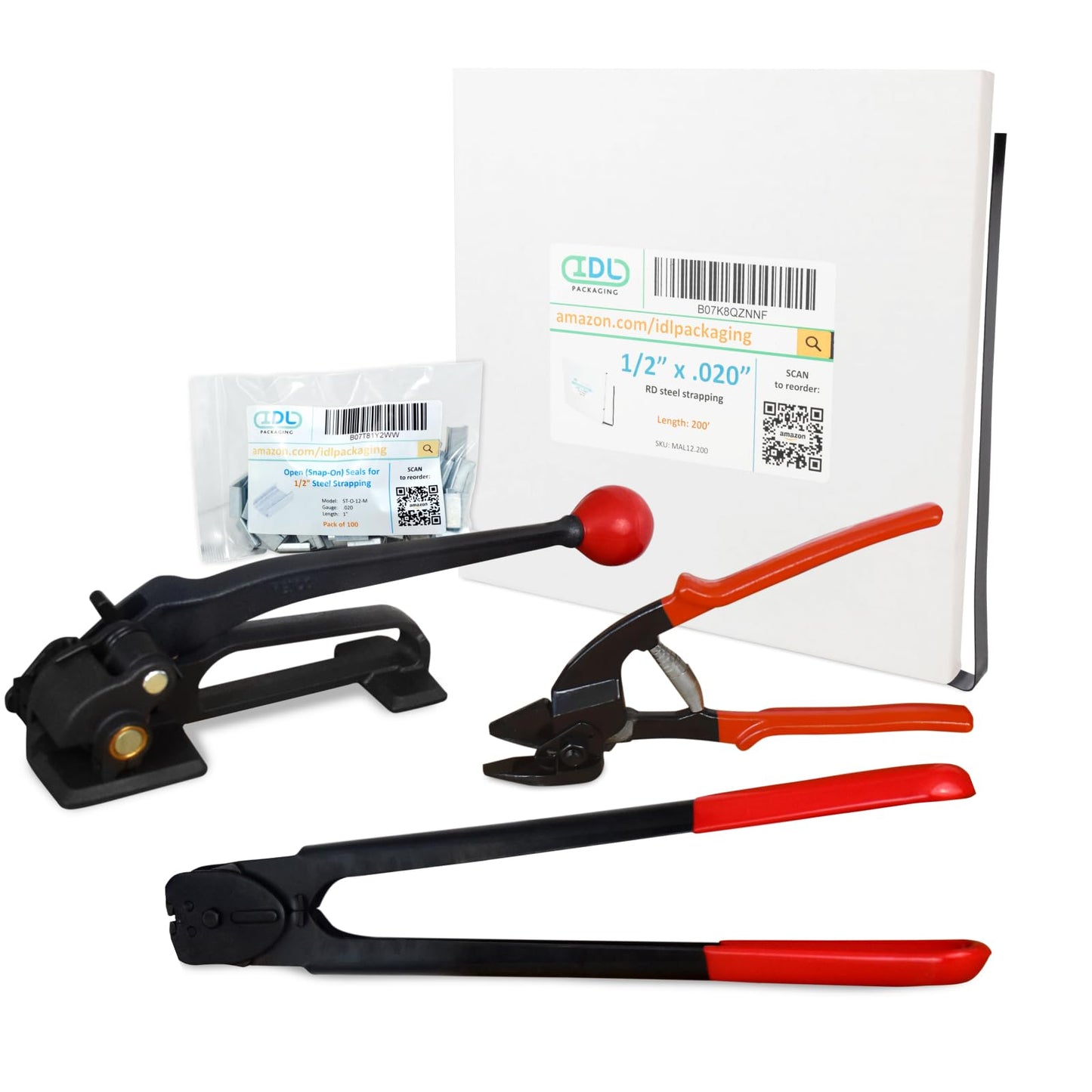 IDL Packaging 1/2" x 200' Steel Banding Strapping Kit, 1100 lbs Break Strength - Premium Heavy-Duty Banding Tool for Pallet Strapping - Strapping Tensioner, Sealer, Cutter/Crimper
