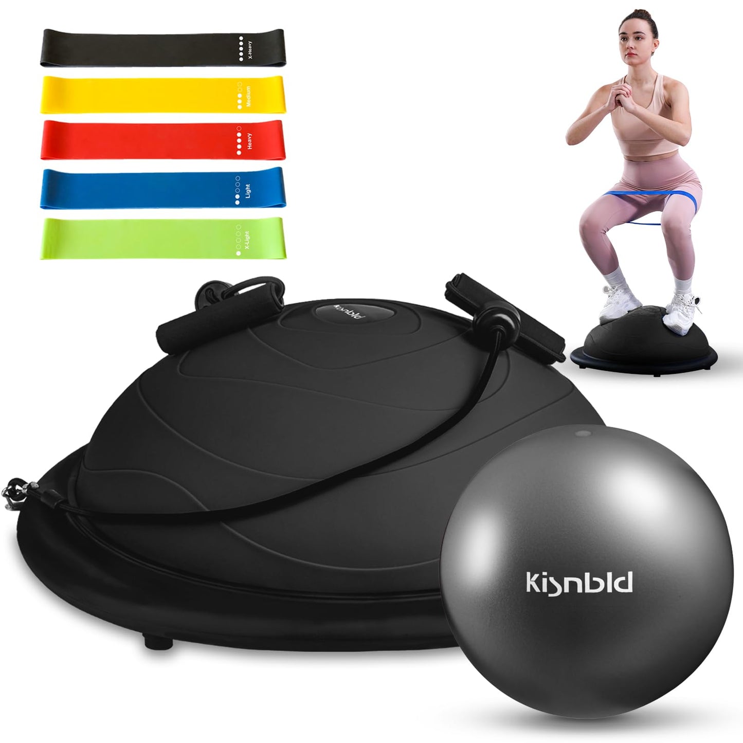 kisnbld Half Balance Ball Trainer, Inflatable 19/23 Inch Half Exercise Ball with Resistance Bands and Pilates Bal, Non-Slip 660lbs Capacity Yoga Ball for Home Gym Full Body Workouts