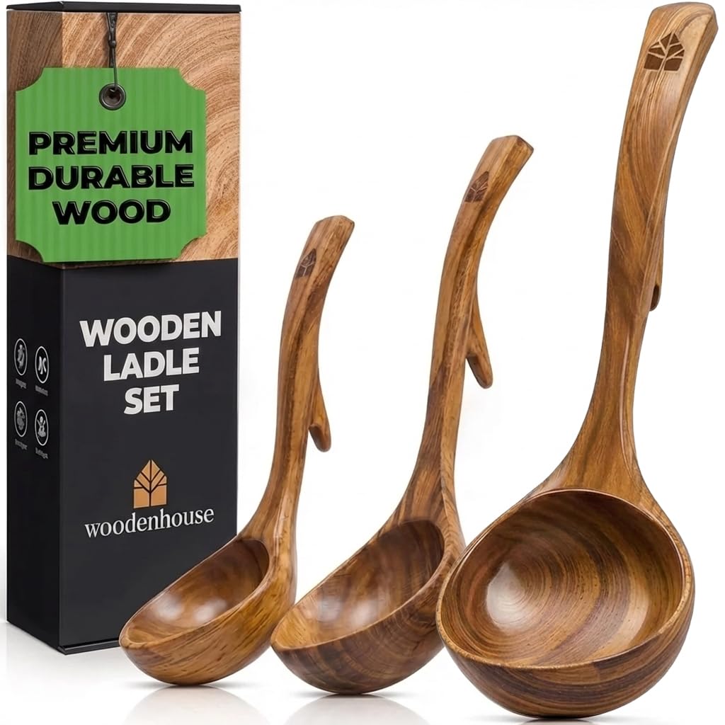 Wooden Ladle for Soup, 3 Size Teak Wood Ladle Spoon with Back Hooks for Pot & Bowl, Non-Stick Wooden Spoon Set for Cooking, Serving and Stirring