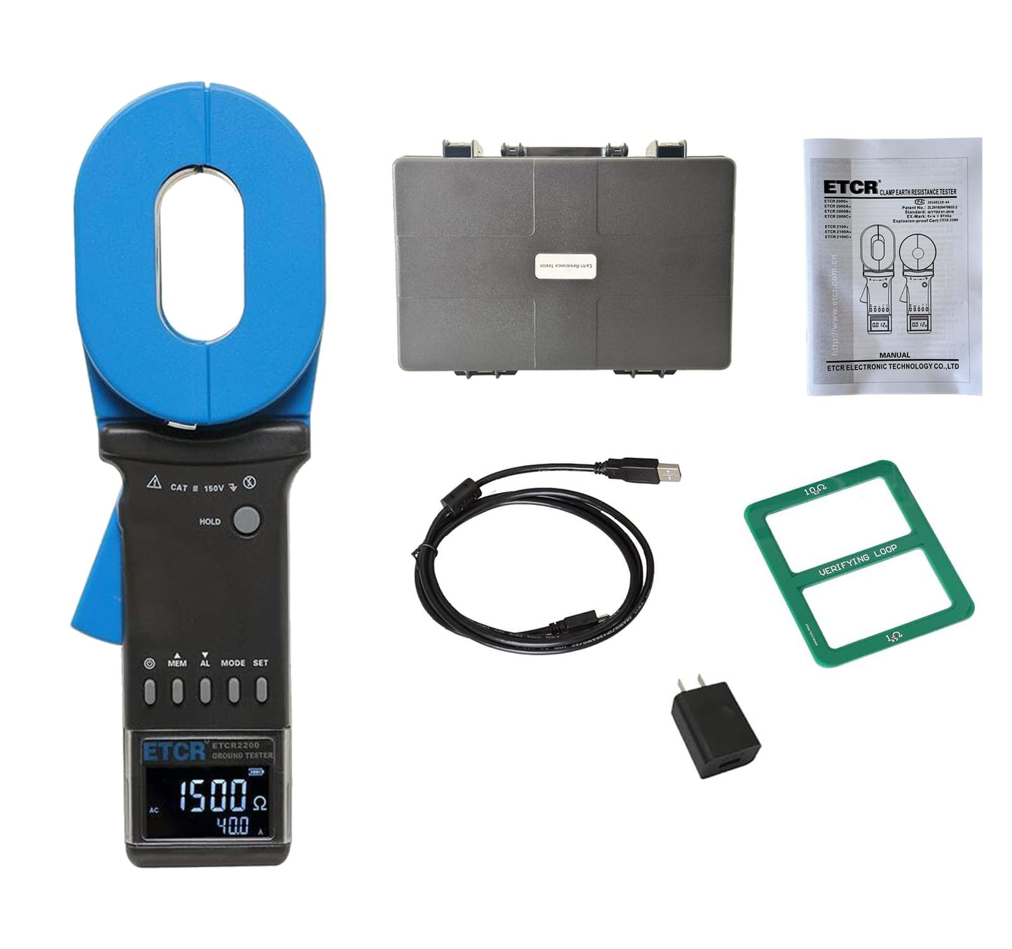ETCR ETCR2200 1500Ω Clamp Ground Resistance Tester Earth Resistance Meter 0.010Ω-1500Ω, 0.00mA-40.0A with USB Interface