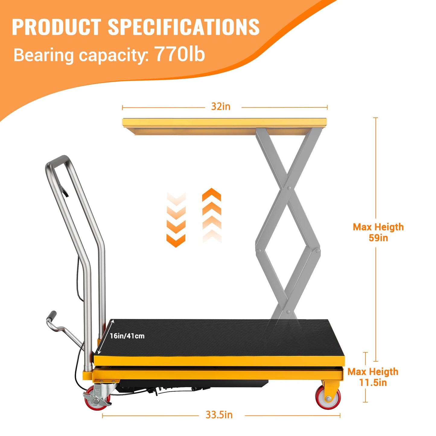 Garvee Hydraulic Lift Table Cart, 770lbs Capacity 50" Lifting Height, Manual Double Scissor Lift Table with 4 Wheels and Non-Slip Pad, Hydraulic Scissor Cart for Material Handling, Yellow