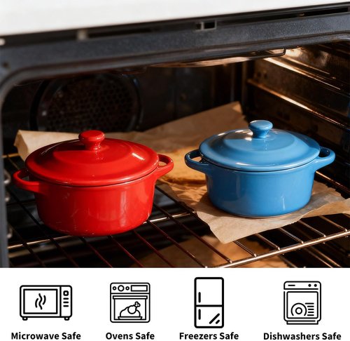 Mini Cocotte 6-Pack by [Brand Name] - 8 OZ Ceramic Ramekins with Lids & Handles | Oven-Safe Casserole Dishes in 6 Colors