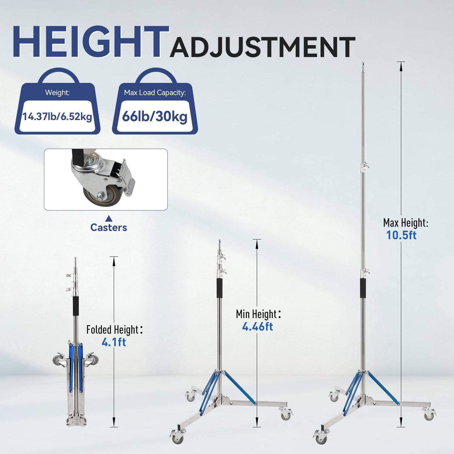 Trrose Heavy Duty Light Stand with Caster - 10.5ft/320cm Adjustable Light Stand with Stainless Steel, High Stability and Mobility Light Stand Photography for Strobe Light, Softbox, Reflector