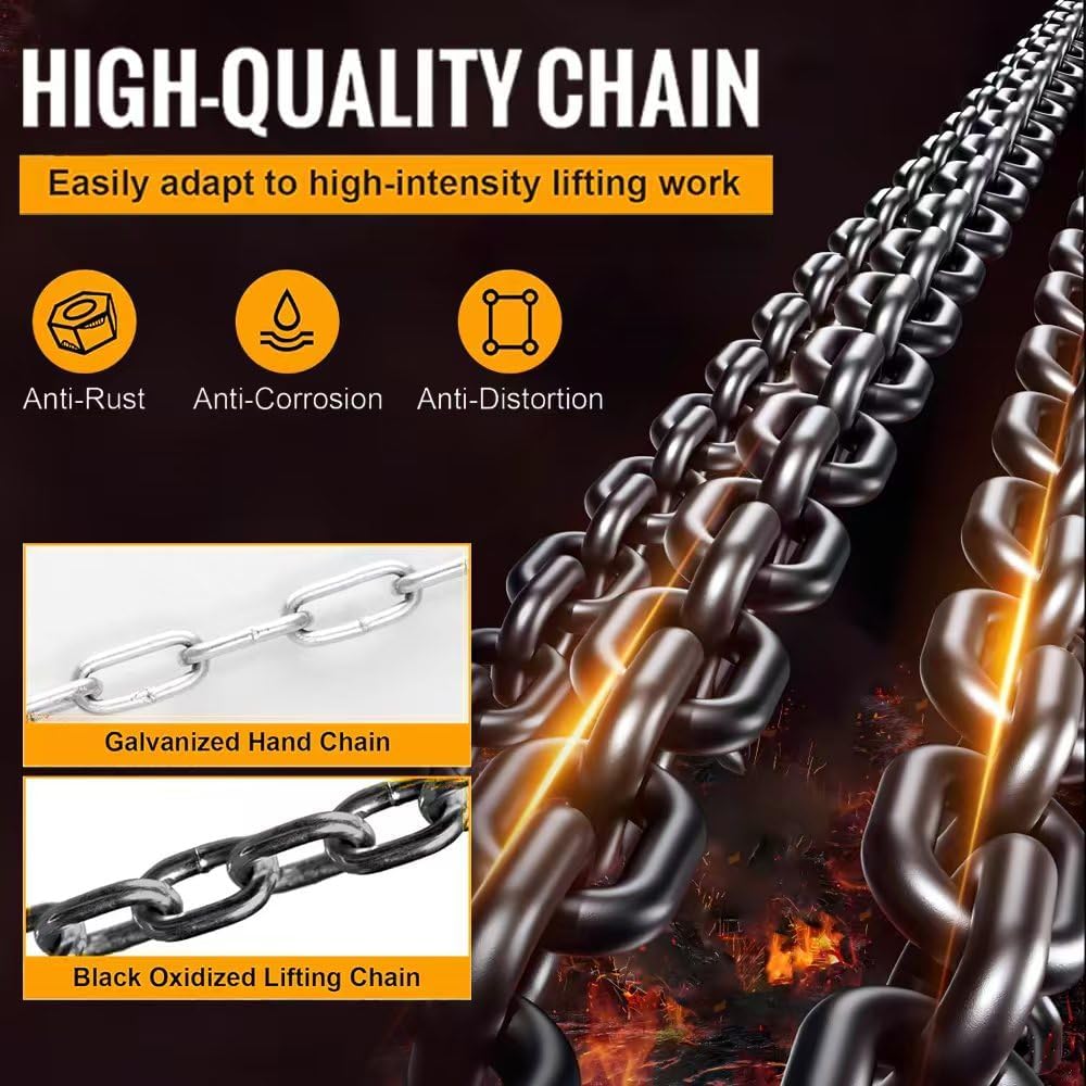 Hand Chain Hoist 3 Ton 6600 Lbs Capacity 10 Feet with 2 Heavy Duty Hooks, Manual Chain Fall for Warehouse Building Automotive Machinery Black (Black, 3T) (Black, 3T-3M)