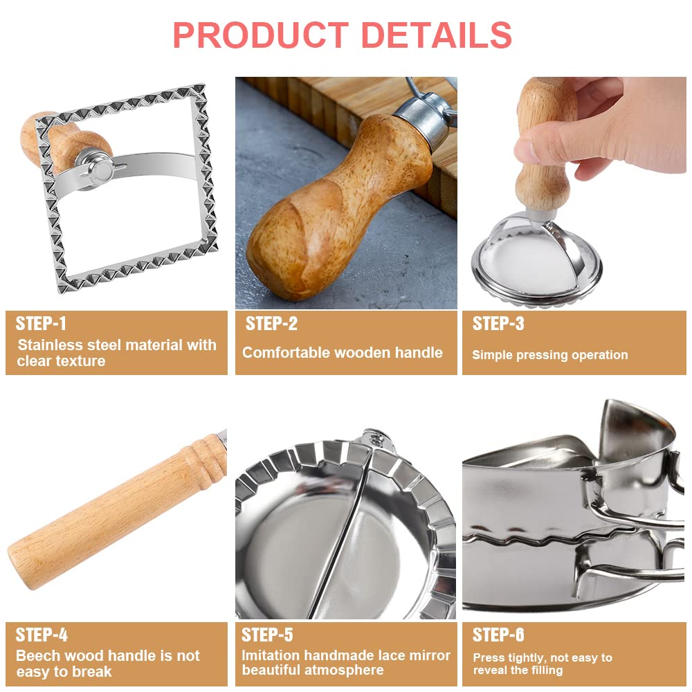 Ravioli Pasta Cutter Wheel Set of 5, Ravioli Makers with Roller Ravioli Stamp Cutter Set with Wooden Handle, Pasta Press Wheel Pasta Maker Tools For Pasta Making Dumplings, Pierogi (Silver)