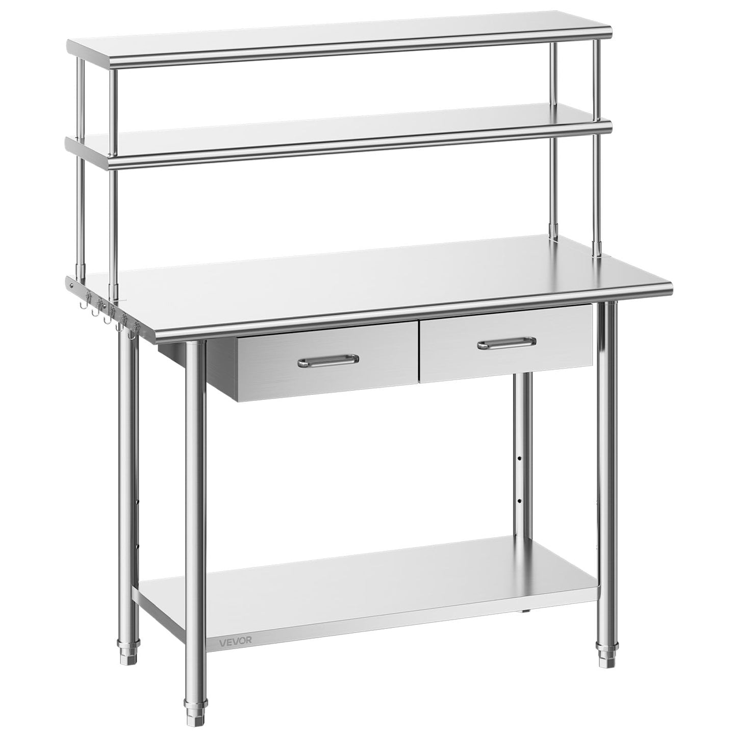 VEVOR Stainless Steel Work Table, 24x48 Inch Food Prep Table with Overshelves and 2 Drawers, Commercial Kitchen Workstation with Adjustable Undershelf, Metal Utility Worktable, for Restaurant Garage