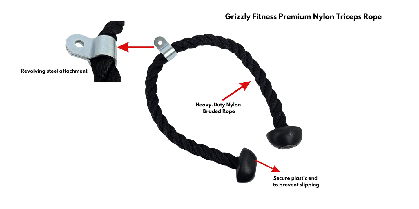 Grizzly Fitness Premium Nylon Tricep Rope Cable Attachment | Heavy-Duty Dual Ball Grip For Cable Machines | Solid Woven & Steel | For Ticeps, Face Pulls & Pulldowns | Black, Large 36"