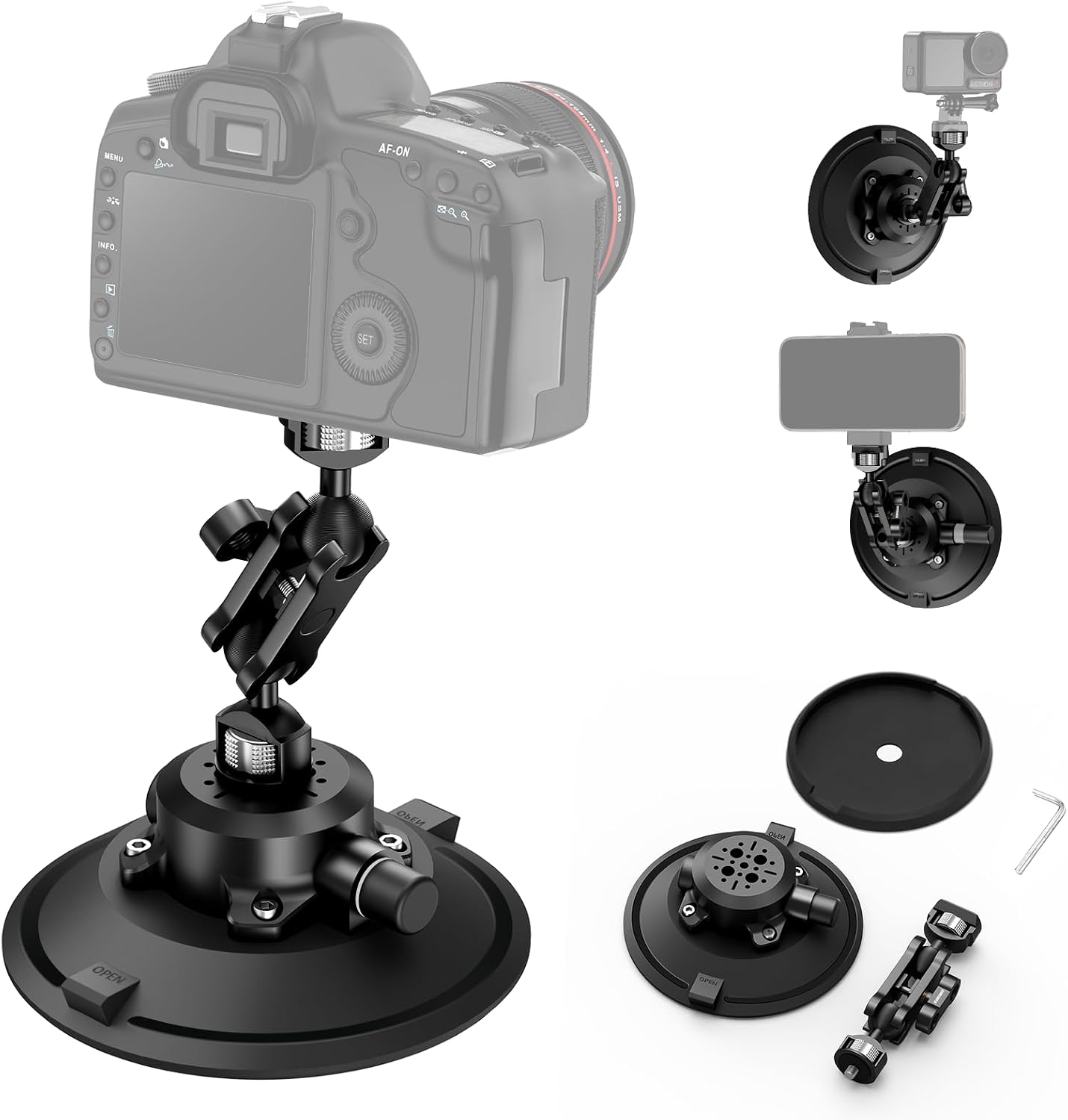 CAMEDAFLX 6" 1/4",1/8" Camera Suction Cup Mount with Ball Head Magic Arm,Quick Release Metal Vacuum Suction Cup Mount