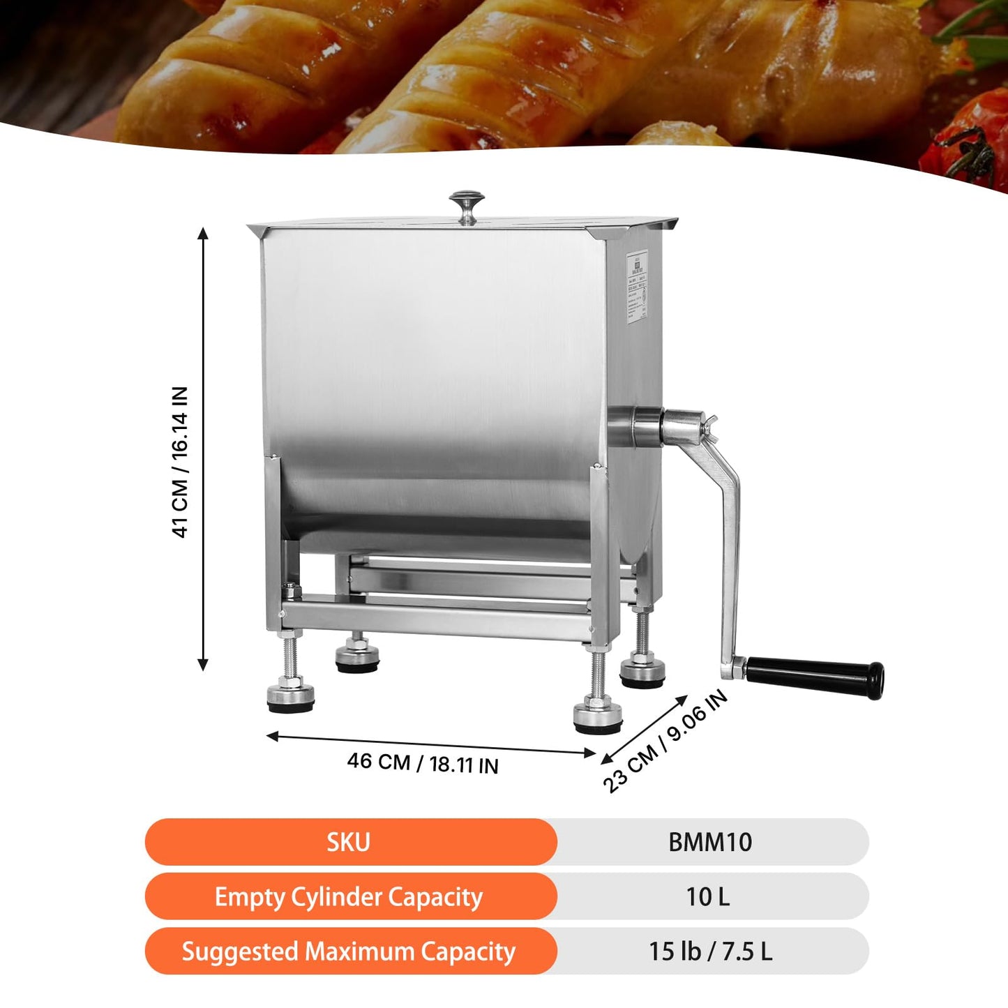 Hakka Manual Meat Mixer 15lb/7.5L, 10L Stainless Steel Updated Commerial Food Mixer for Meat and Seasonings, Sausage, Burger, Patty