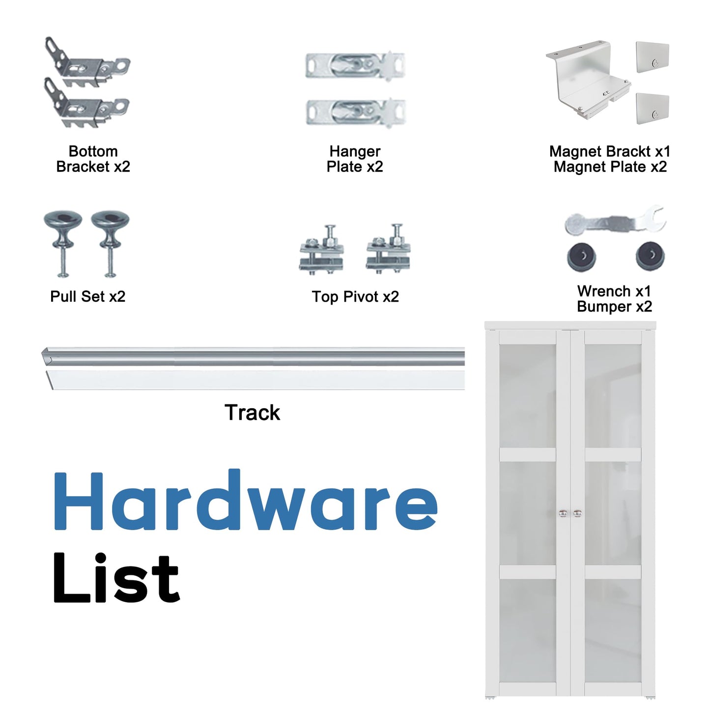 French Pivot Door for 24" x 80" Opening, Double Frosted Glass Panels with Hardware, Swing for Pantry/Laundry/Storage Room, White, Water & Scratch-Resistant Surface, Easy Install
