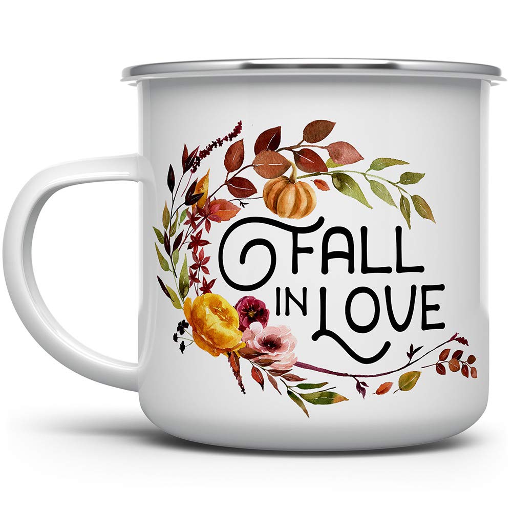 Fall in Love Autumn Coffee Camp Mug, Fall Lover Enamel Outdoor Camping Mug, Thanksgiving Pumpkin Spice Sweater Weather Cup (12oz)