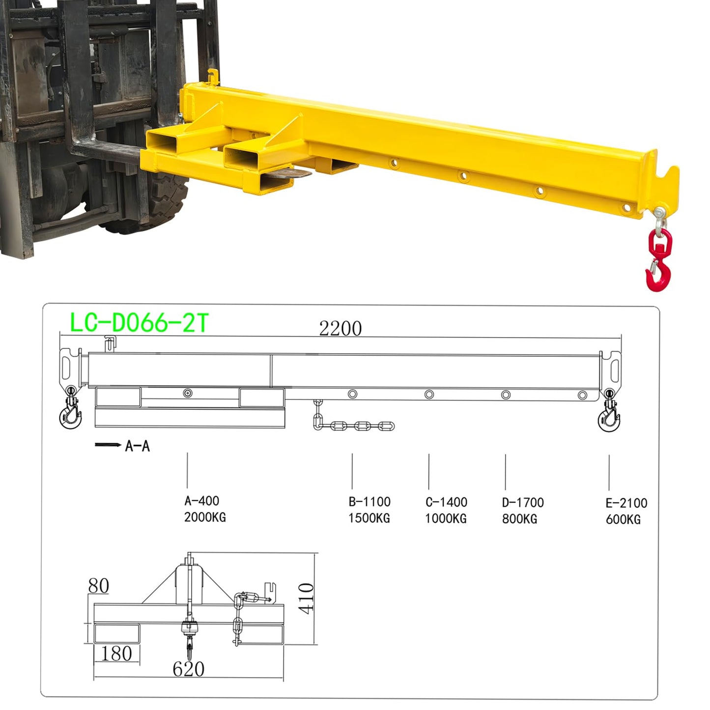 TECHTONGDA Dual-Direction Forklift Jib Crane - 4400 Lbs Telescoping Boom Works in Transverse & Longitudinal, Adjustable Mobile Crane Lifting Hoist Jib Boom with 2 Hooks, Forklift Attachment
