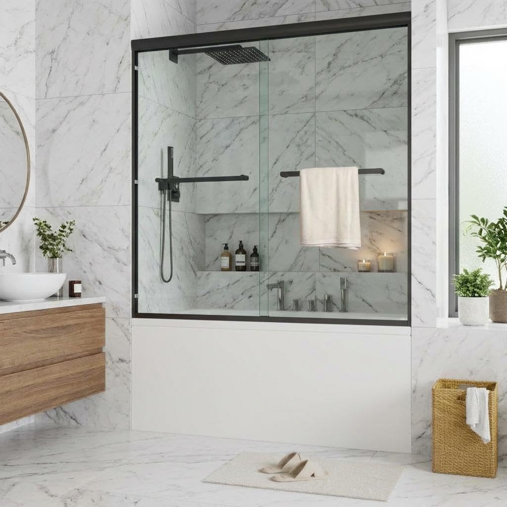 Bathtub Shower Door, 60" W x 59" H Sliding Tub Door with Dual Panels, 6mm (1/4") SGCC Tempered Glass with Explosion-Proof Film & Protective Coating, Matte Black Aluminum Alloy Frame
