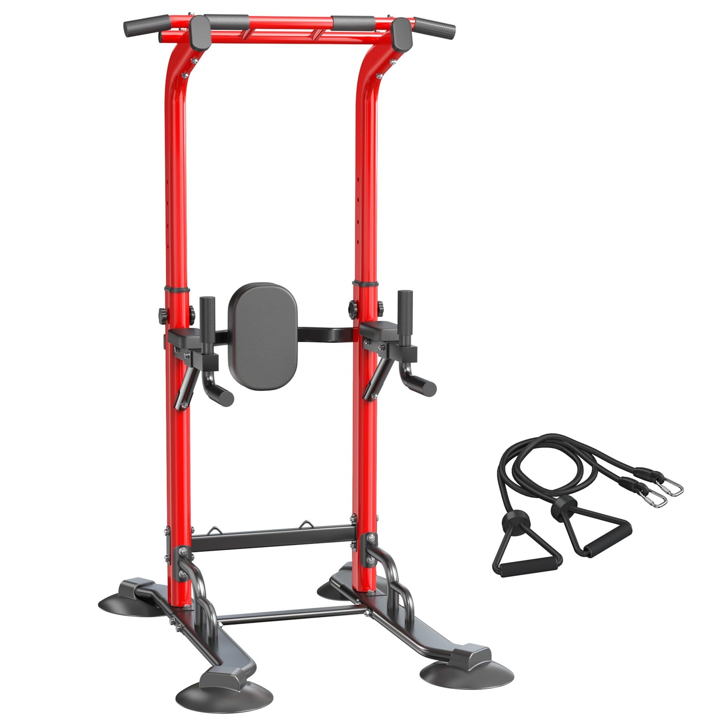 SogesPower Power Tower Pull Up Bar Station, 12-Level Adjustable Multi-Function Pull Up Dip Station for Home Gym, Pull Up Bar Stand Dip Bar Strength Training Fitness Equipment, Red with Resistance Bands