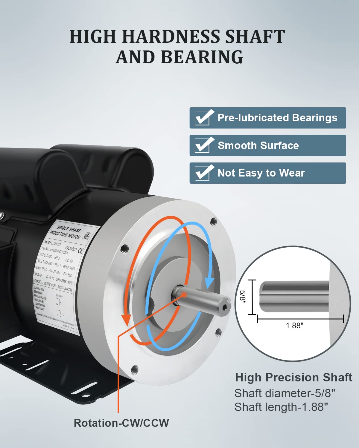 Electric Motor 5HP, Air Compressor Motor, 3450RPM General Purpose Motor, Single Phase Motor 208-230V 56C Frame 5/8"Shaft Diameter 60HZ TEFC