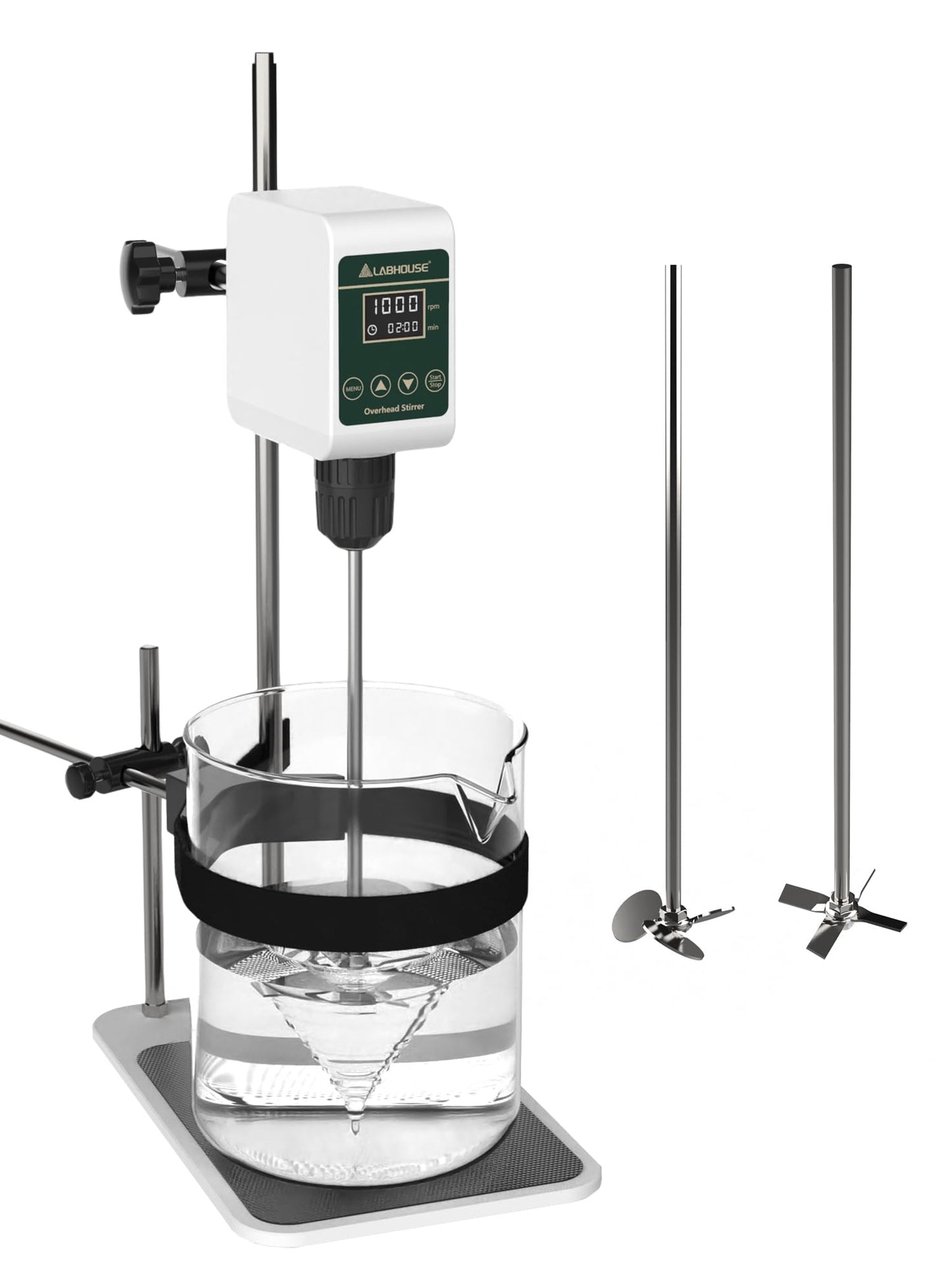LABHOUSE OS-5S Digital Overhead Stirrer 10L(H₂O) Lab Stirrer Flat-Base Stainless Steel Stand & 2 Stirring Paddles & Beaker Holder | 100-1200RPM,10000 mPas,Timing 1min-24h