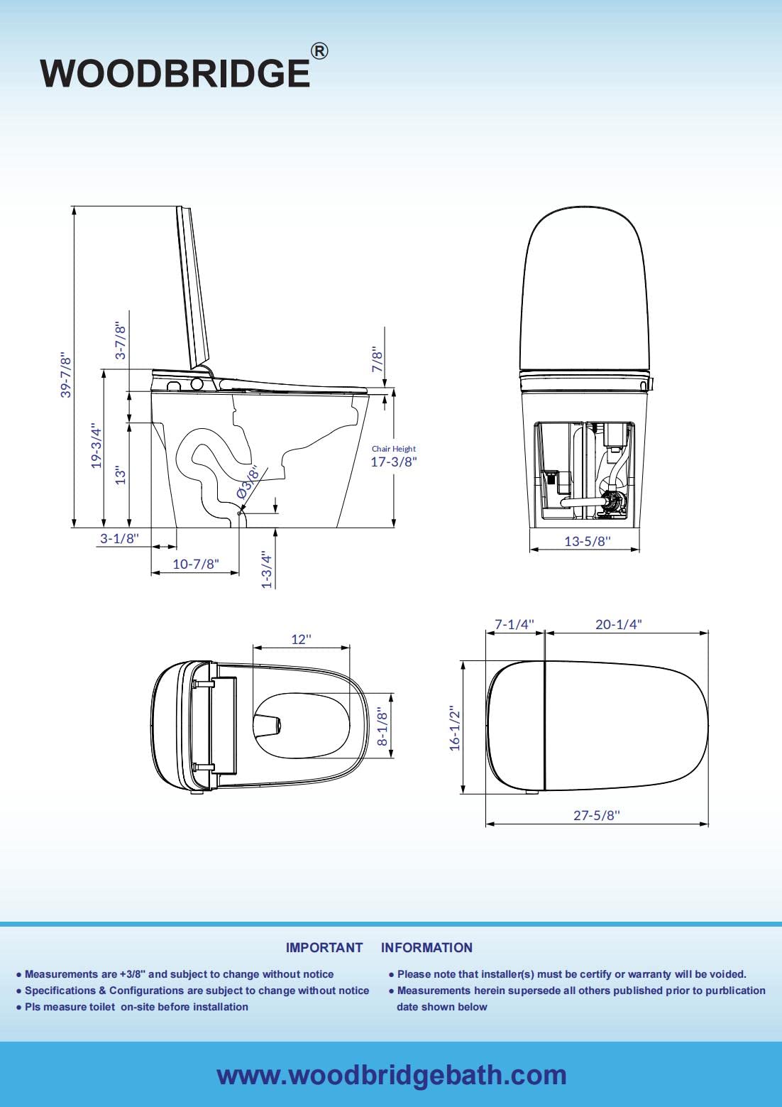 WOODBRIDGE Smart Toilet with Voice Control, 1000g MaP Flush Score, Foam Shield, Moving Dryer, Blackout Flush, ADA Comfort Height, Auto Open & Close, Heated Seat, B0931S