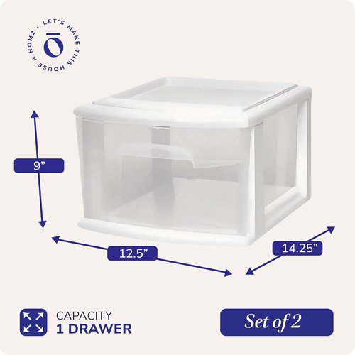 HOMZ 1-Drawer Storage Cart - Clear Plastic Container, 14.25" Wide, White Frame | Ideal for Home & Office Organization
