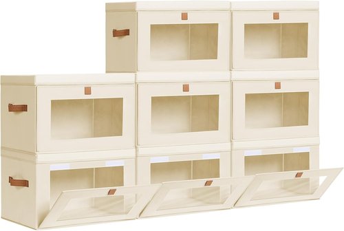 Homsorout Large Closet Storage Bins - Collapsible Clothing Organizers with Handles & Windows | 8-Pack Beige