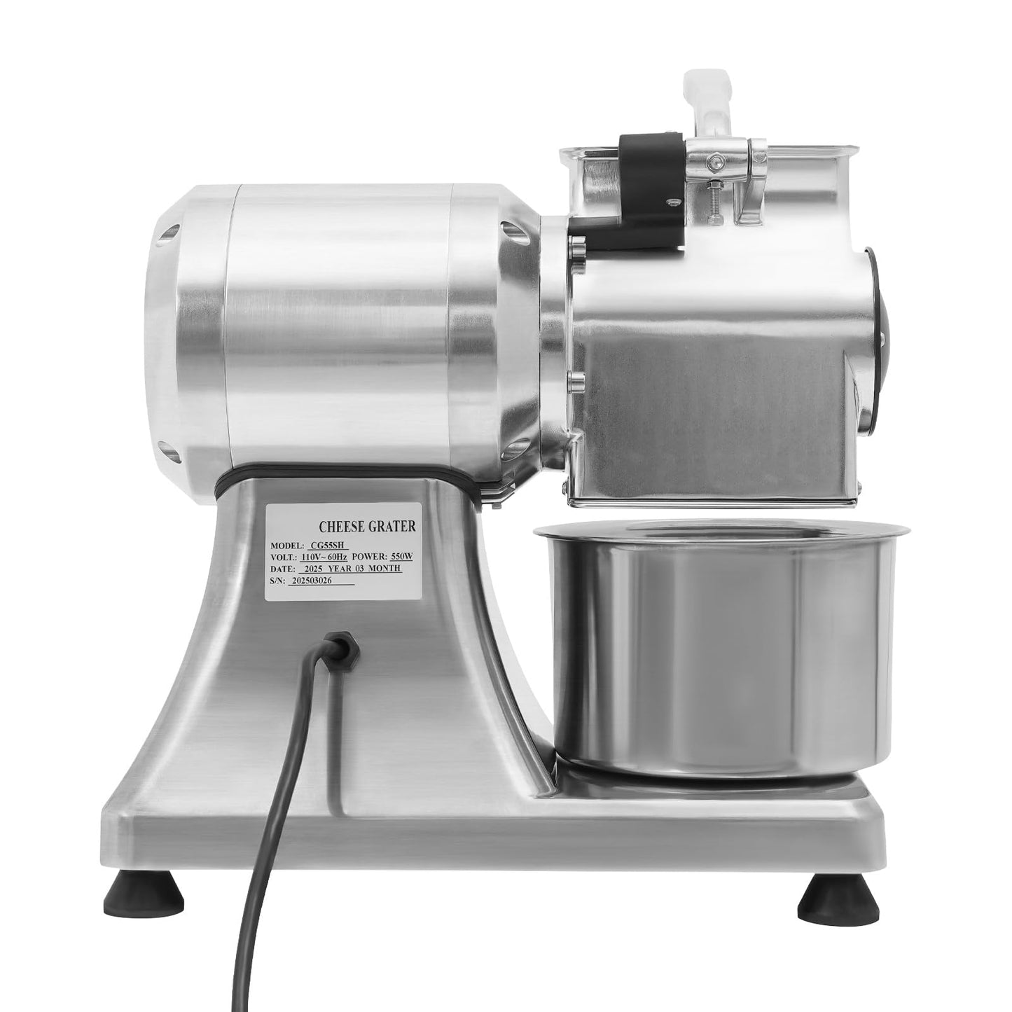 Commercial Cheese Grater for Block Cheese, 110V 550W Electric Cheese Grinder Machine 88lbs/H Heavy Duty Stainless Steel Automatic Butter Bread Bran Mill with Safety Shield & Bucket