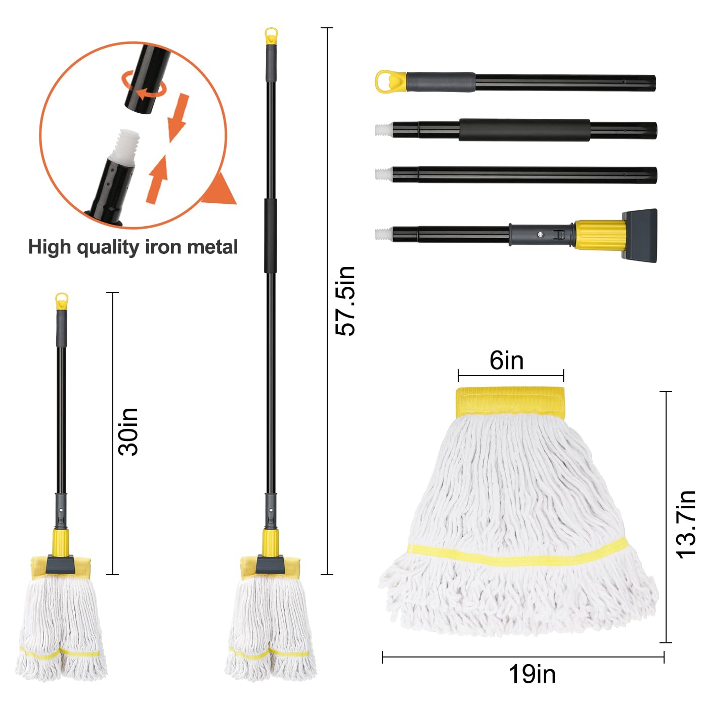 KeFanta Commercial Mop Heavy Duty Industrial Mop with Long Handle,60" Looped-End String Wet Cotton Mops for Floor Cleaning,Home,Kitchen,Office,Garage and Concrete/Tile Floor
