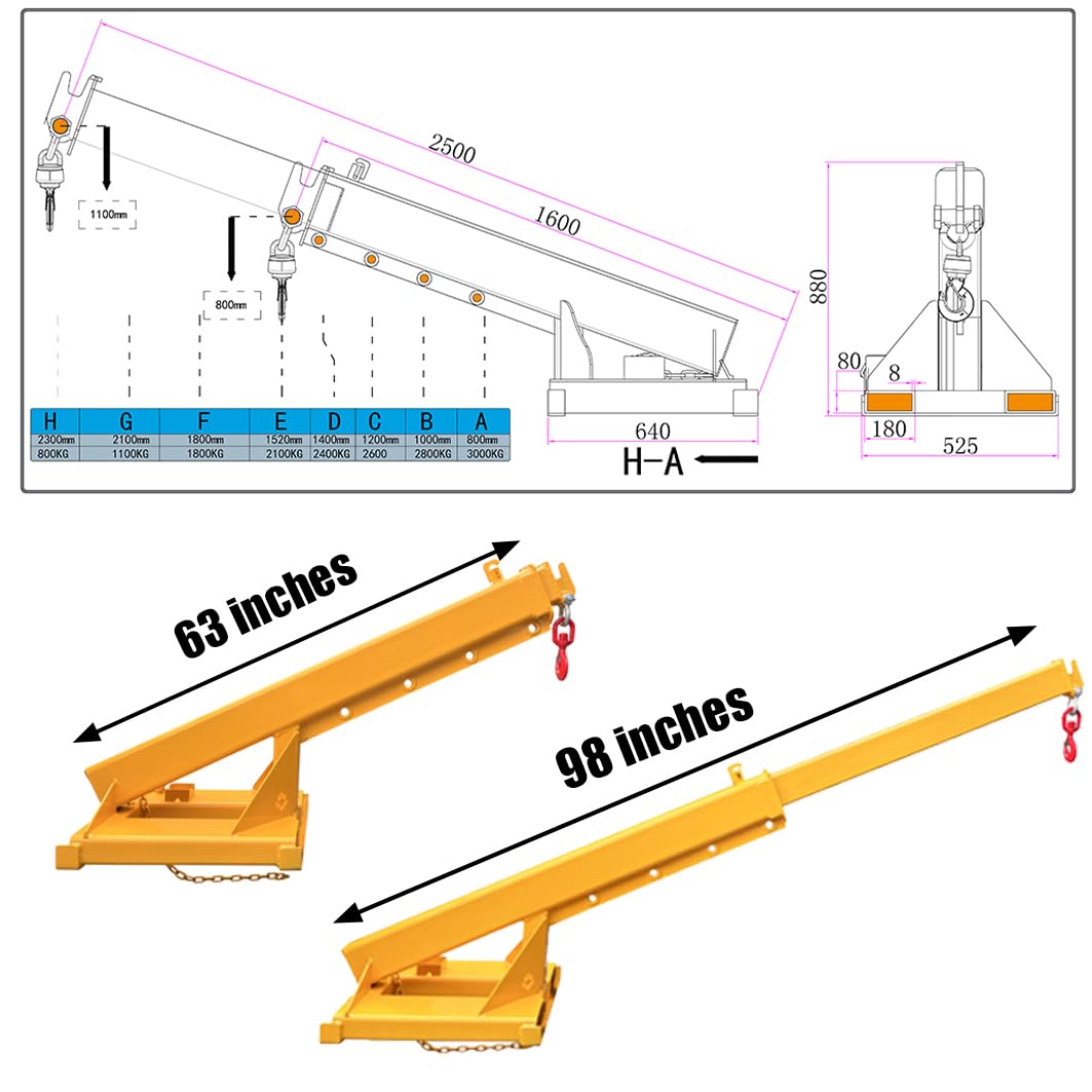 EQCOTWEA 3T/6600LB Adjustable Forklift Jib Boom Crane Attachment, 63-98in Forklift Telescopic Lifting Arm, Mobile Crane with One Hook for Forklifts, Heavy-Duty Towing & Handling Equipment