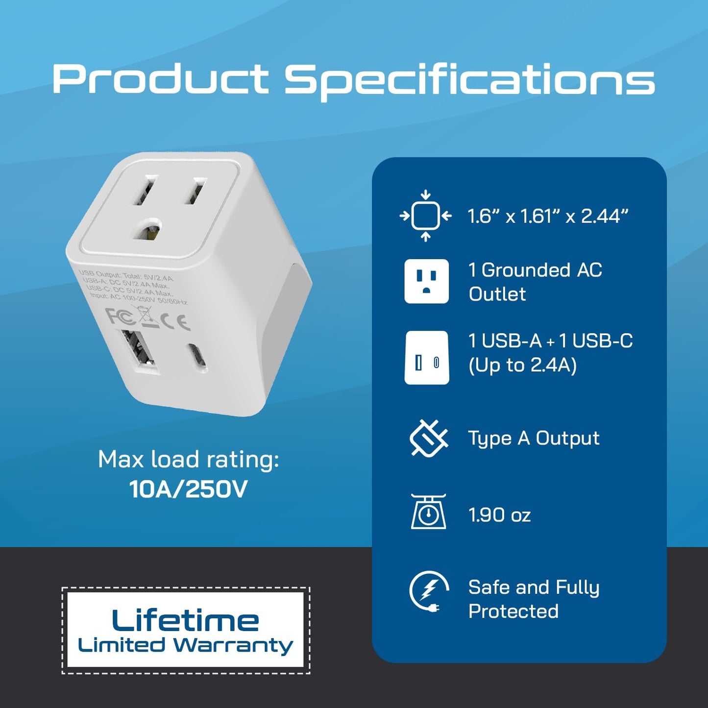 Ceptics (CTU-6) Japan, Philippines Travel Adapter Plug with USB-A + USB-C - Usa Input - Type A - Ultra Compact