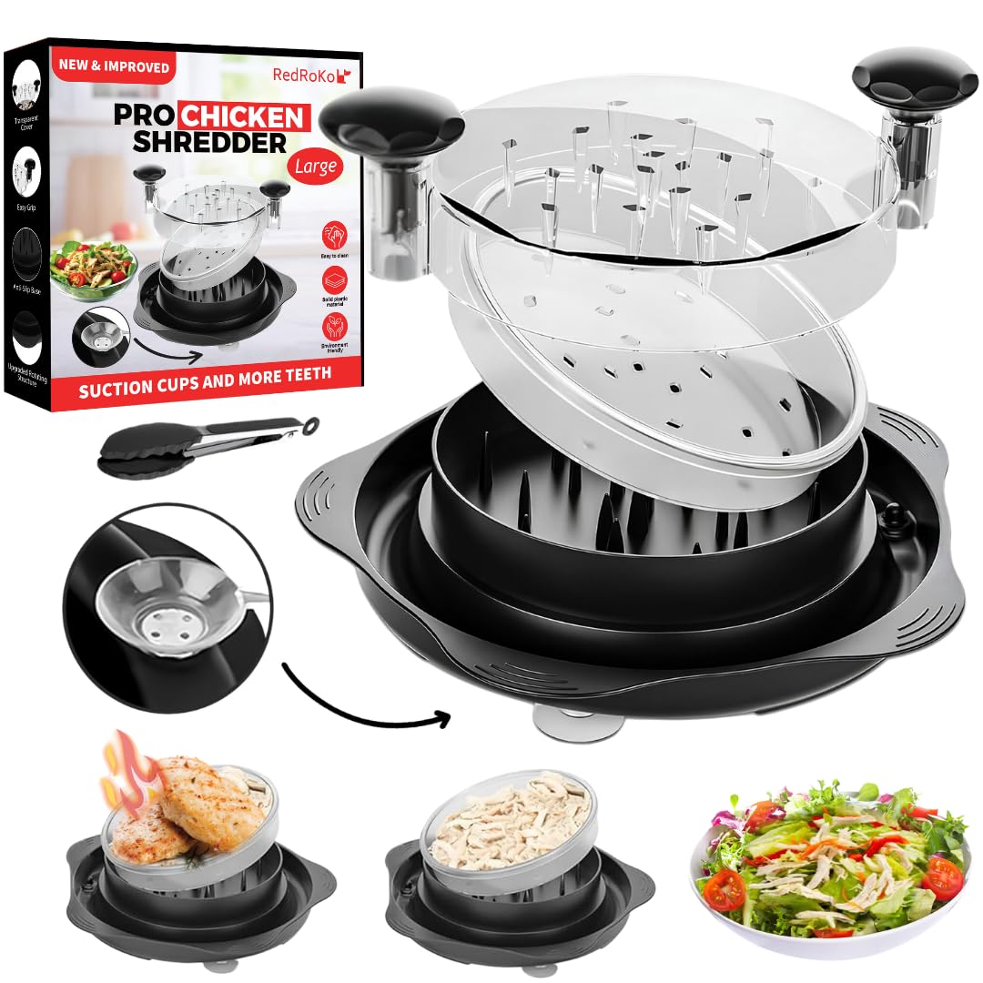 Large Chicken Shredder Tool Twist with Suction Cups, Ergonomic Handle & Strong Anti-Slip, Kitchen Gadget for Shredding Chicken Breast, Pork & Beef, Visible Meat Shredder Machine with Transparent Lid