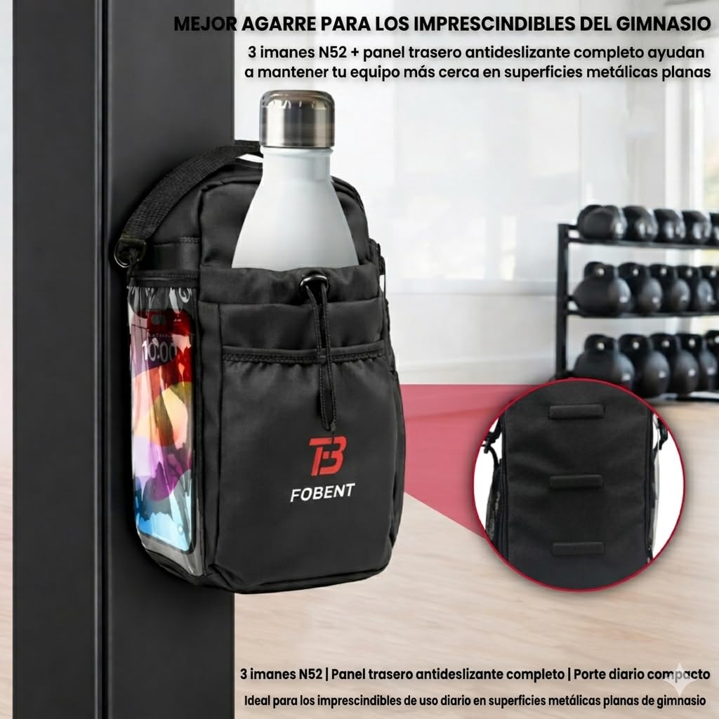FBT Fobent Magnetic Gym Bag with Phone Pocket & Bottle Holder, 3 N52 Magnets, Full Non-Slip Back, Compact Gym Organizer for Racks & Machines, Holds Keys, Towel, Straps & Workout Essentials