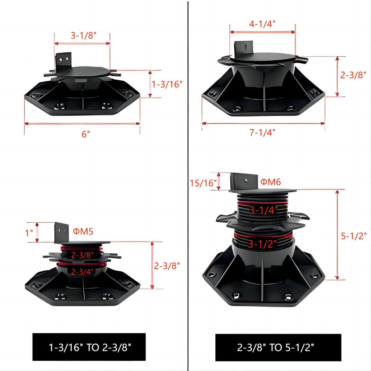 12Pack Adjustable Deck Support Pedestal - Base Support for Floating Deck Platform, Adjusts 1-3/16" to 2-3/8", Black