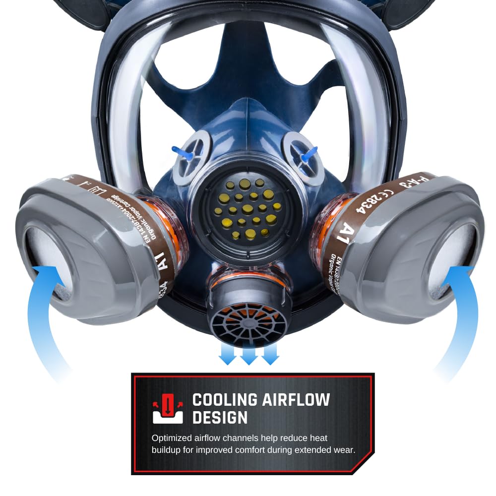 PT-101 Full Face Organic Vapor & Particulate Respirator with Dual P-A-3 Carbon Activated Cartridges - Eye Protection Mask