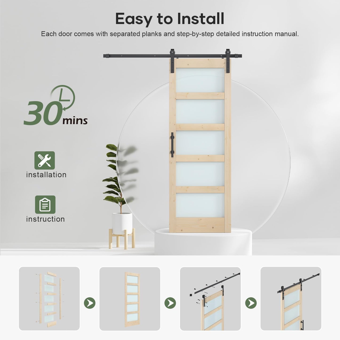 ROYMELO 28x84 inch Glass Sliding Barn Door Slab with 5ft Hardware Kit Included, 5-Panel Frosted Glass, Spruce Wood Support DIY Dyeing, Easy Assembly