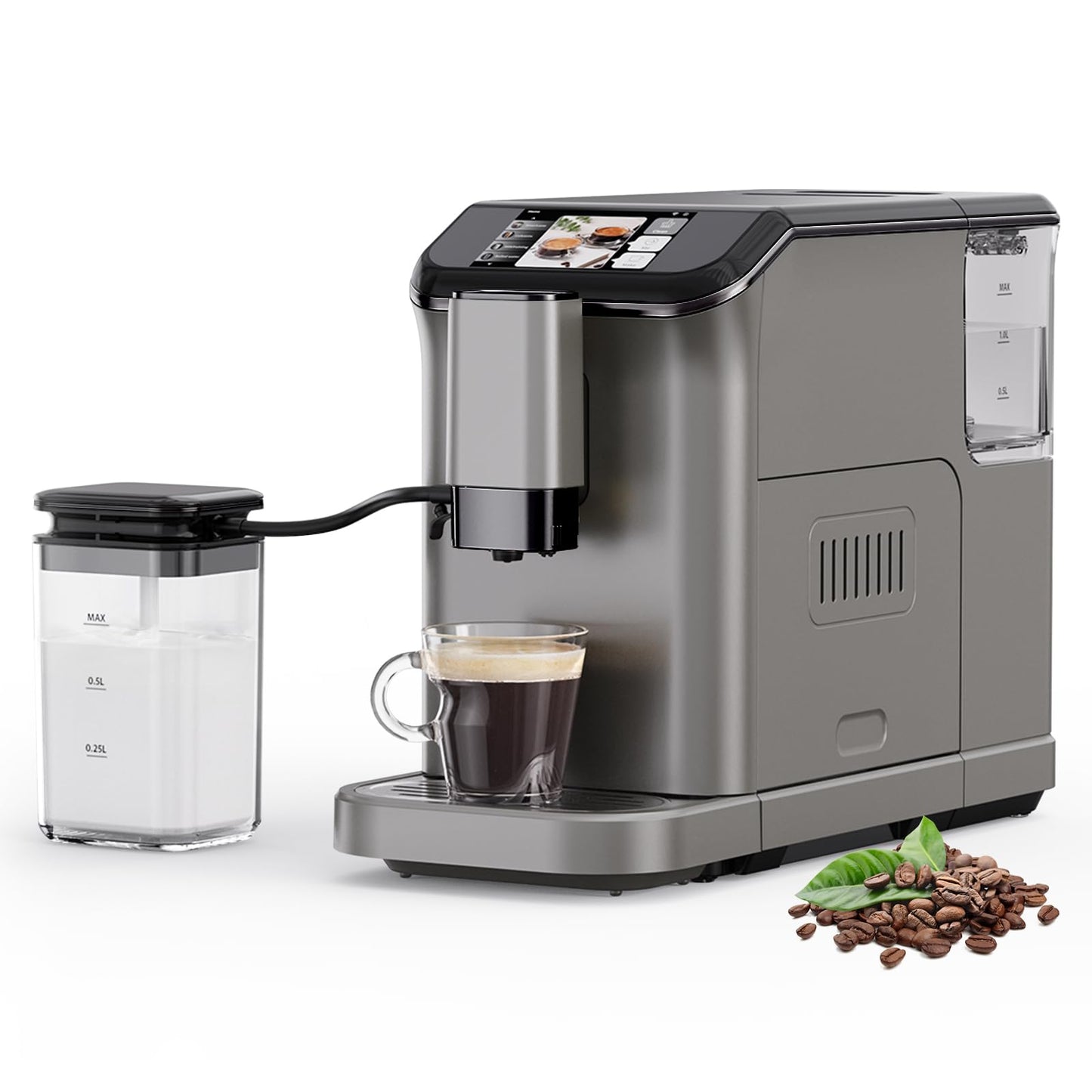 Automatic Espresso Machine with 20 Bar Pressure – One-Touch Coffee Maker, Built-in Grinder & Milk Frother, 6 Custom Recipes, 1.5L Water Tank, Auto Self-Cleaning, 120V for Home & Office (Grey)