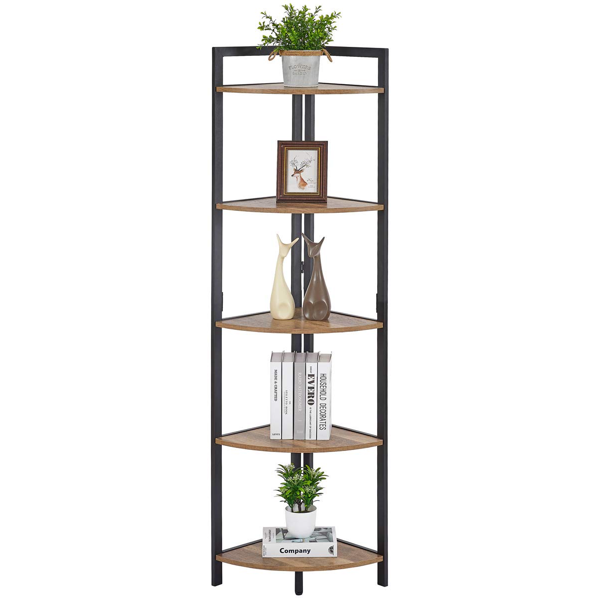FATORRI Tall Corner Shelf, Industrial Corner Bookshelf, Wood and Metal Corner Shelf Stand for Living Room, Rustic Display Plant Stand for Home Office (Rustic Oak)