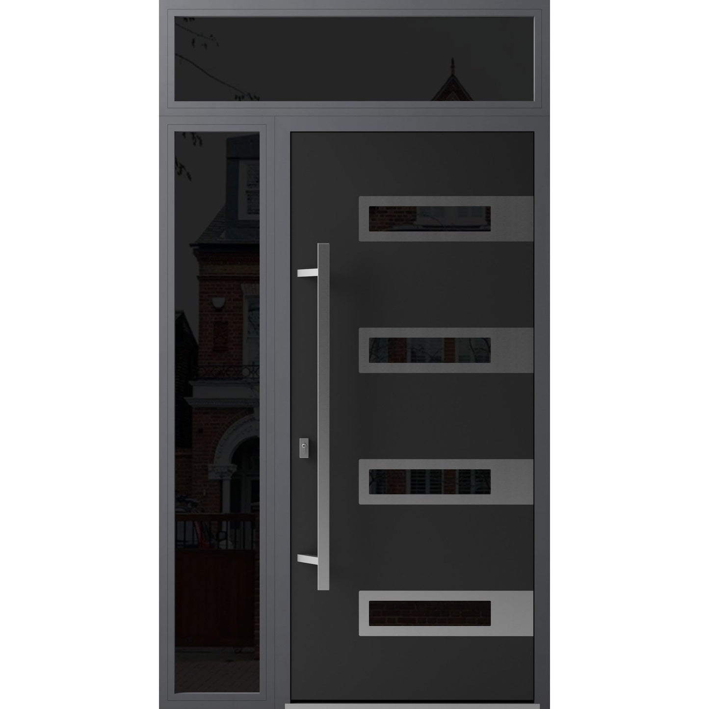 Front Exterior Prehung Steel Door/Ronex 0131 Black Enamel/Side and Top Exterior Window Sidelite/Stainless Inserts Entry Metal Modern Painted W36+12" x H80+16" Right Hand Inswing