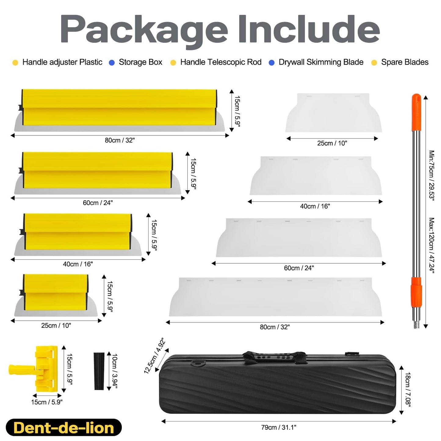 Drywall Skimming Blade Set Including Extra Blade Replace, 10", 16", 24" and 32" Stainless Steel Skimming Blades, 29"-47" Extension Handle, Smoothing Drywall Finishing Tools with Portable Case