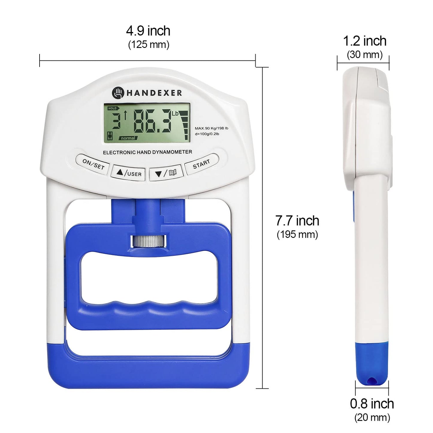 Grip Strength Tester - Hand Grip Dynamometer - Handheld Digital Grip Measurement Meter Device Trainer Power 198 Lbs / 90 Kgs - Strengthener Exerciser for Sports, School and Home Use