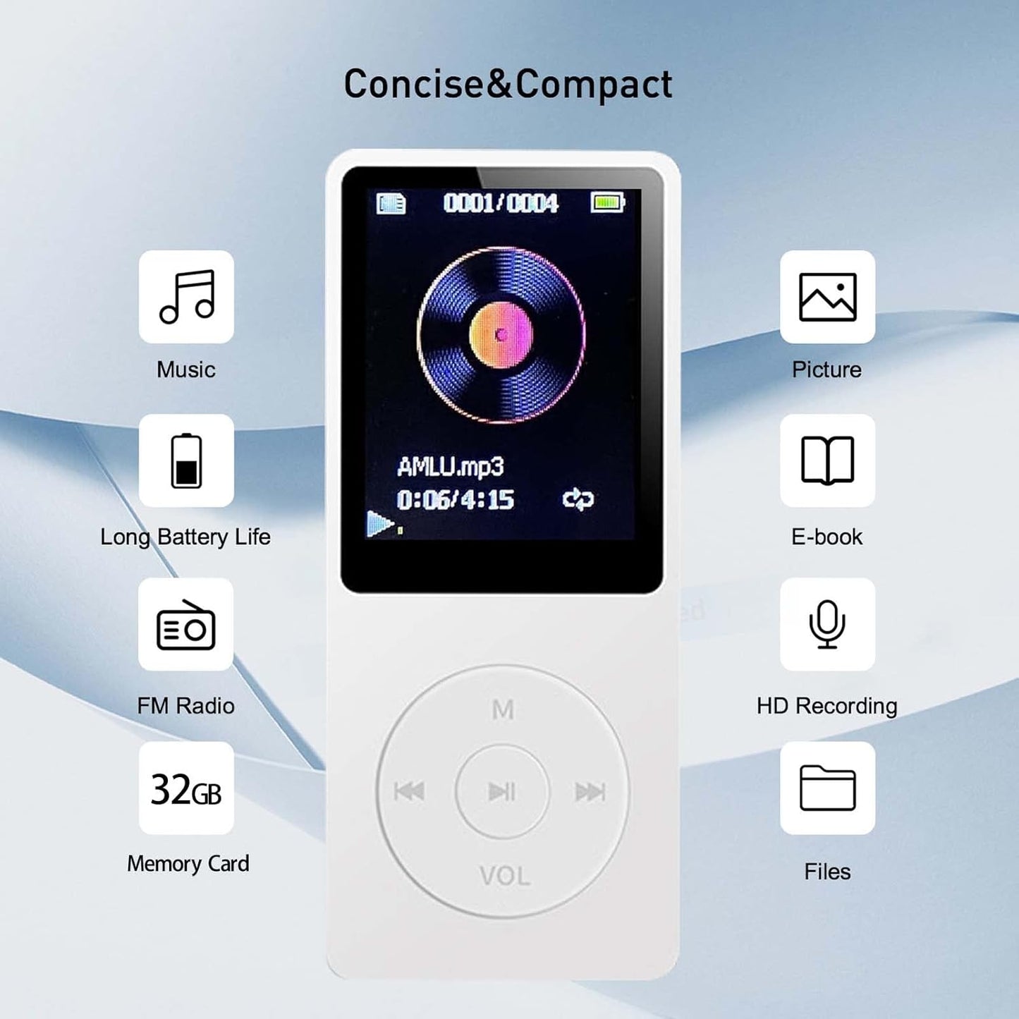 arungo MP3 32GB 1.8 inch 128GB Player with Speaker Earphone Portable Mini White Music Player Support Voice Recorder