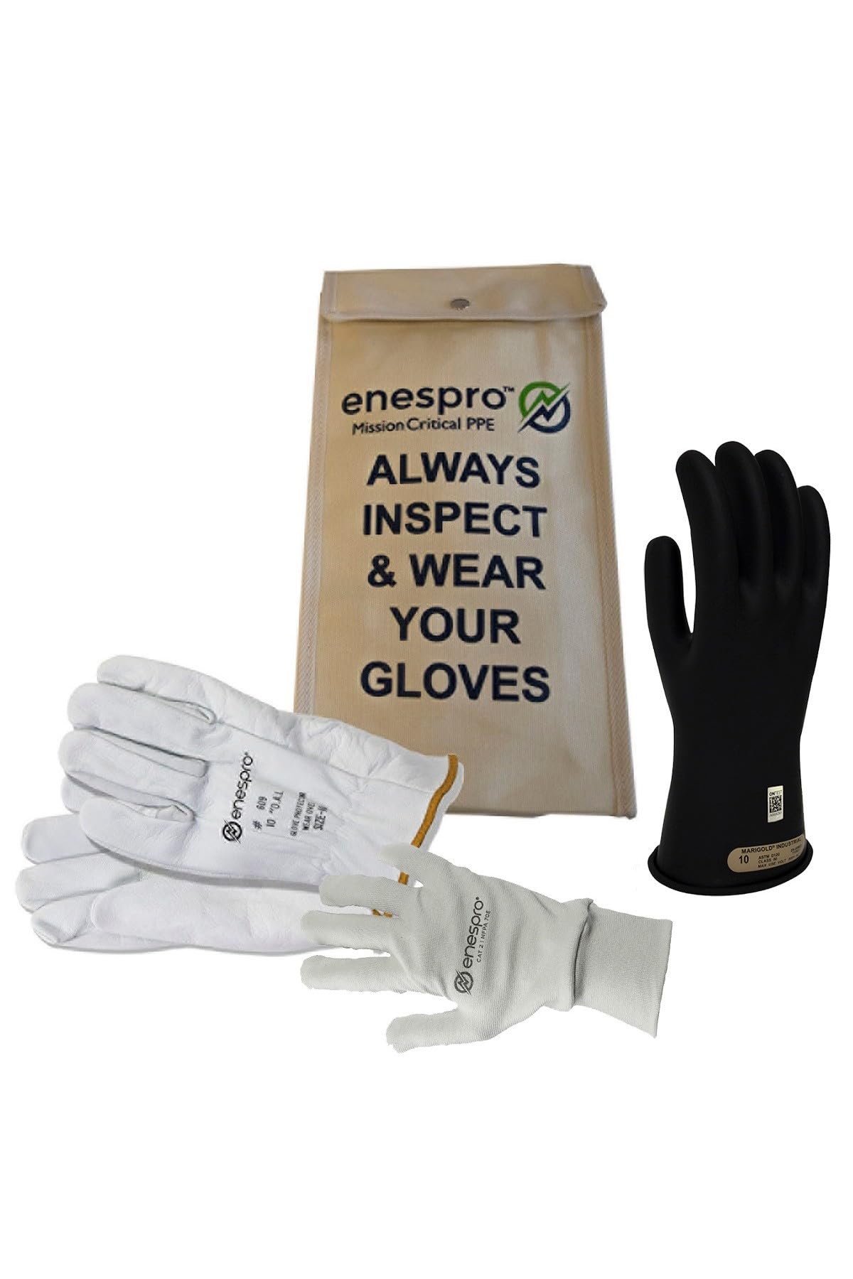 Enespro Class 00 Premium Electrical Gloves Kit (Pack of 3), 500V AC / 750V DC Black Insulated Rubber Gloves with Leather Protectors and Kint Gloves, Work Gloves for Linemen, and Utility Workers