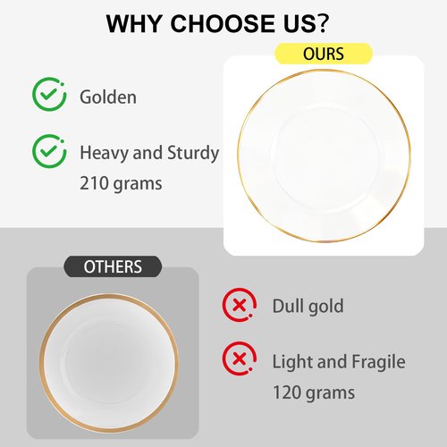 HOME BREEZE 13 Inch Charger Plates, 16 Pack, Clear Charger Plates with Gold Rim, Heavy Duty Disposable Plastic Chargers for Dinner, Elegant Dining, Wedding, Party, Formal Event Decoration (16, Gold)