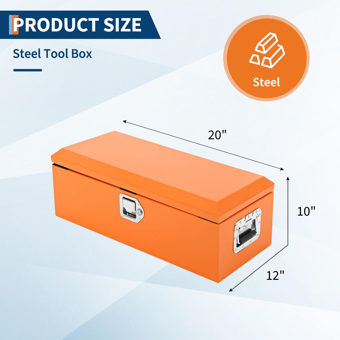 Powder-Coated Black Steel Truck Bed Tool Box - Heavy Duty Diamond Plate Storage Chest with Side Handles & Lock - Durable Metal Toolbox for Pickup, Trailer, RV, Mechanic Workshop - 20×12×9.6 in, Orange