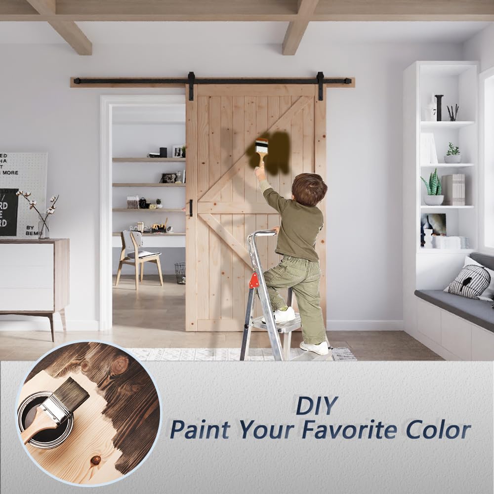 FREDBECK 54in x 96in Wood Barn Door with 9FT Barn Door Hardware Kit Included K Shape Solid Spruce Panel Need to Assembly