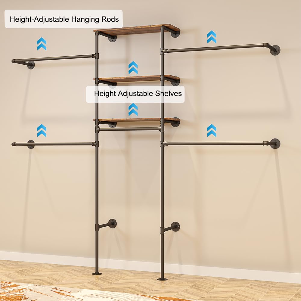 KaKaBB Industrial Pipe Clothing Rack - Heavy Duty Wall Mounted Clothes Rack, Corner Closet System, DIY Wardrobe Organizer with Shelves, Walk in Closet Storage (BLACK, 94.5")