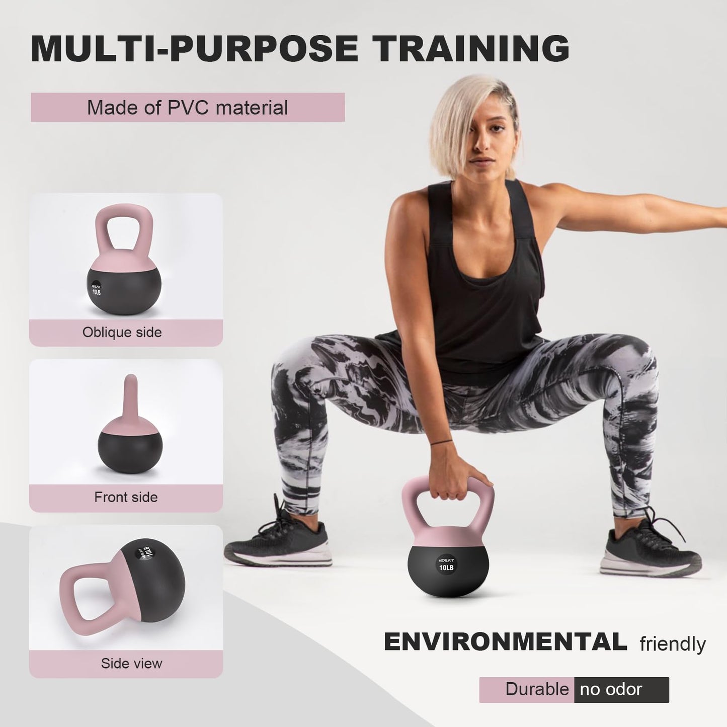 NEALFIT Soft Kettlebell 5LB/10LB/15LB/20LB/25LB, Kettlebells for Home Gym Strength Training, Anti-Slip Fitness Weights for Men Women (10LB Pink-Graphite Black)