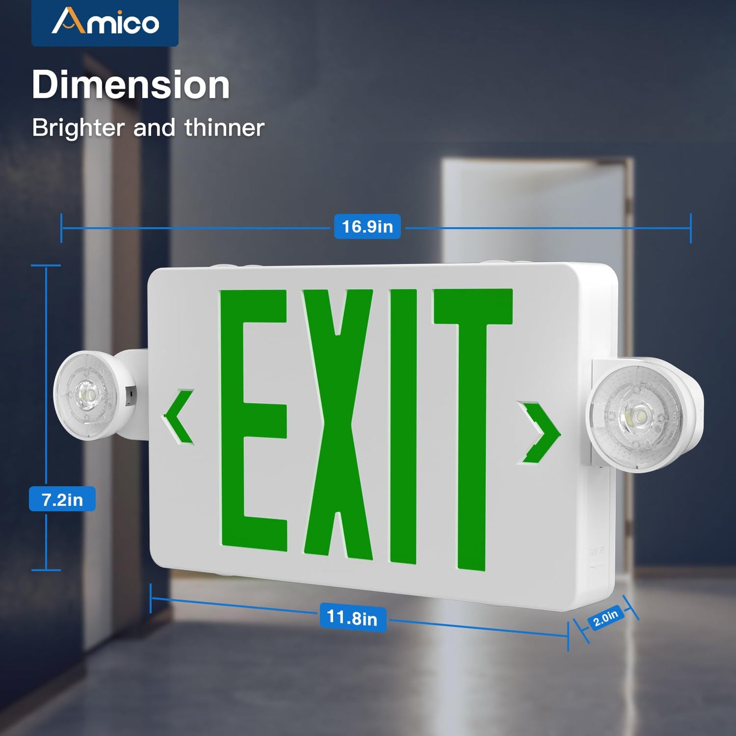 Amico 12 Pack Green Exit Signs with Emergency Lights, Commercial Grade 94V-0 Fire Resistant, Two LED Adjustable Heads, 90-Minute Battery Backup, ETL Certified 120/277V, Wall or Ceiling Mount