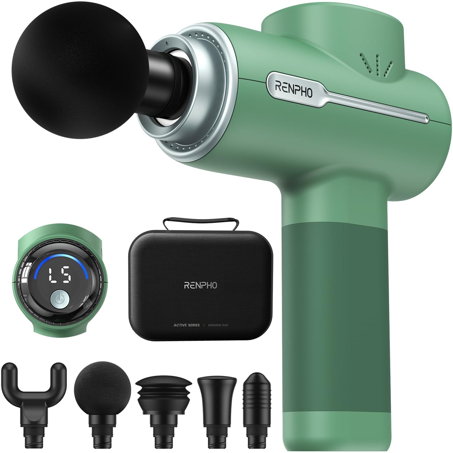 RENPHO Active Massage Gun, Fathers Day Dad Gifts, Deep Tissue Percussion Back Massager for Neck, FSA Approved, Portable Handheld Massager with 5 Speeds, HSA, 5 Attachments, Carry Case, Green