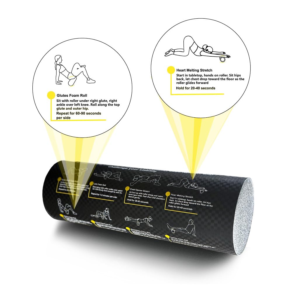 Pain-Free Fitness Foam Roller with Printed Exercises - 17.7''x 6'' Lightweight EPE/PE Exercise Roller Foam - Includes 12 Guided Stability, Mobility & Recovery Moves - Dual Color Instructional Design