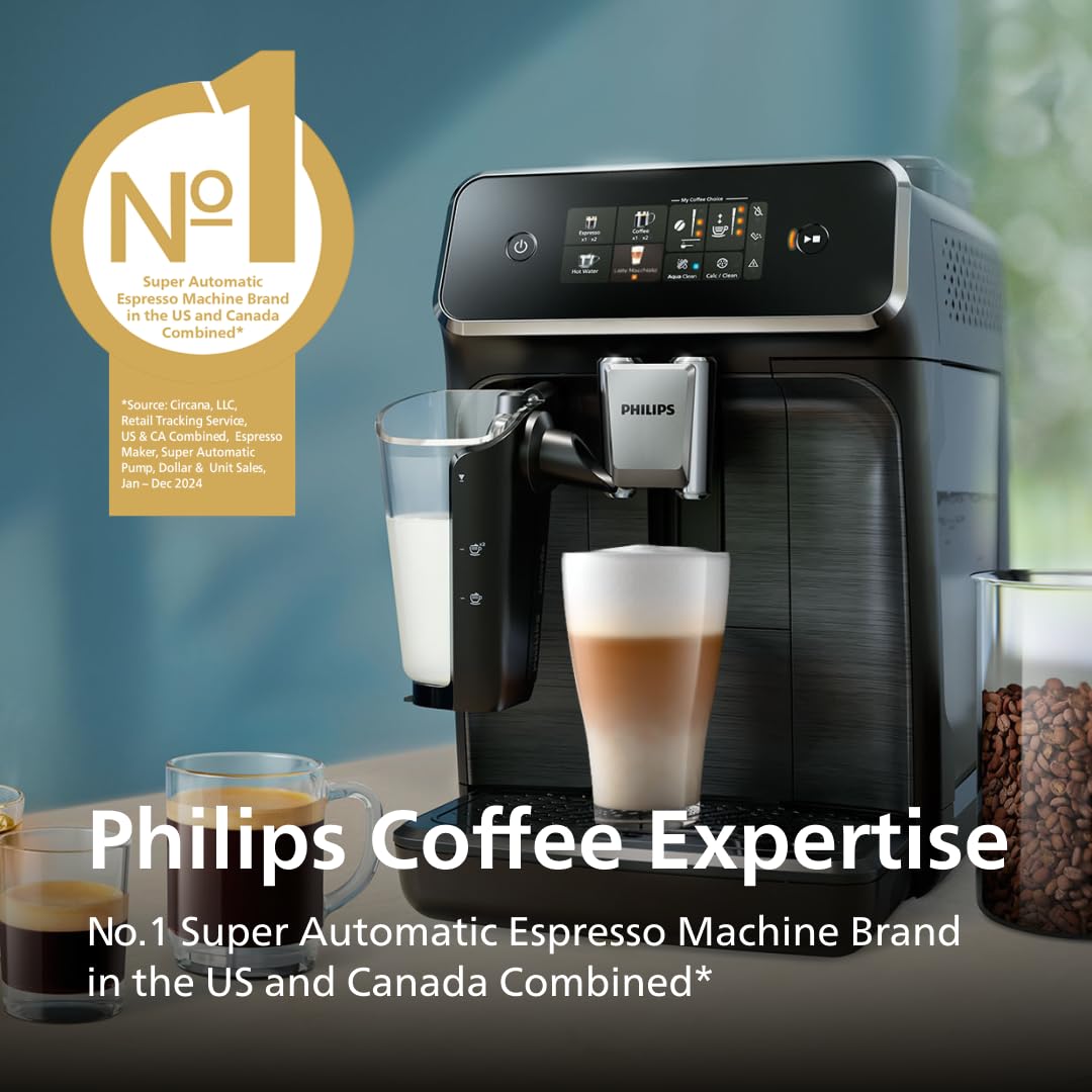 Philips 3300 Series Fully Automatic Espresso Machine with LatteGo Milk System and integrated grinder, 6 Hot & Iced Coffee Pre-Sets, 40% Quieter SilentBrew, 15-Bar Pressure, Glossy Black (EP3341/50)